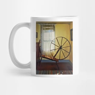 Knitting - Large Spinning Wheel Near Lace Curtain Mug